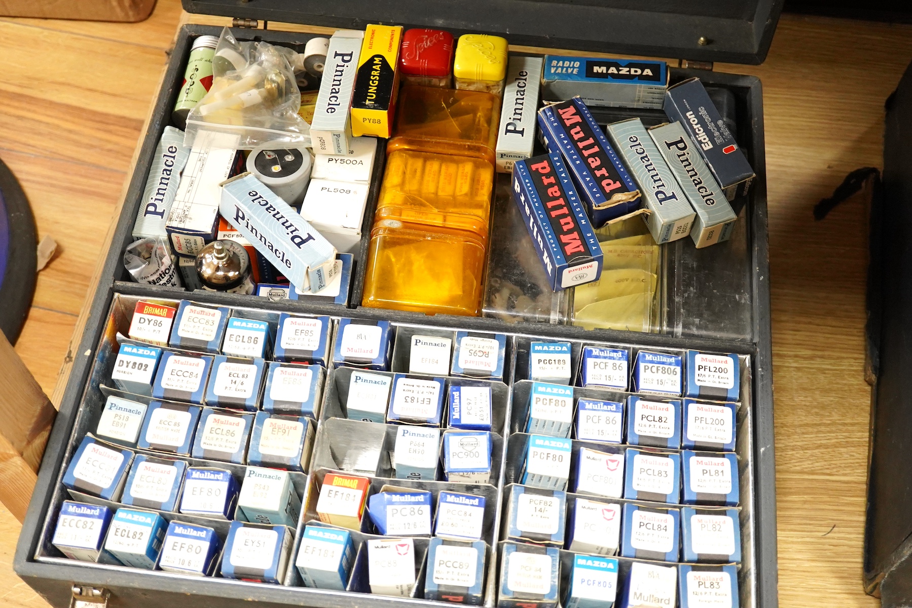Two double-sided storage cases of valves for radio and television, etc. manufactured by Mullard, Pinnacle, Ediswan, Mazda, Marconi, etc., most in their original card boxes, together with a collection of tools including t